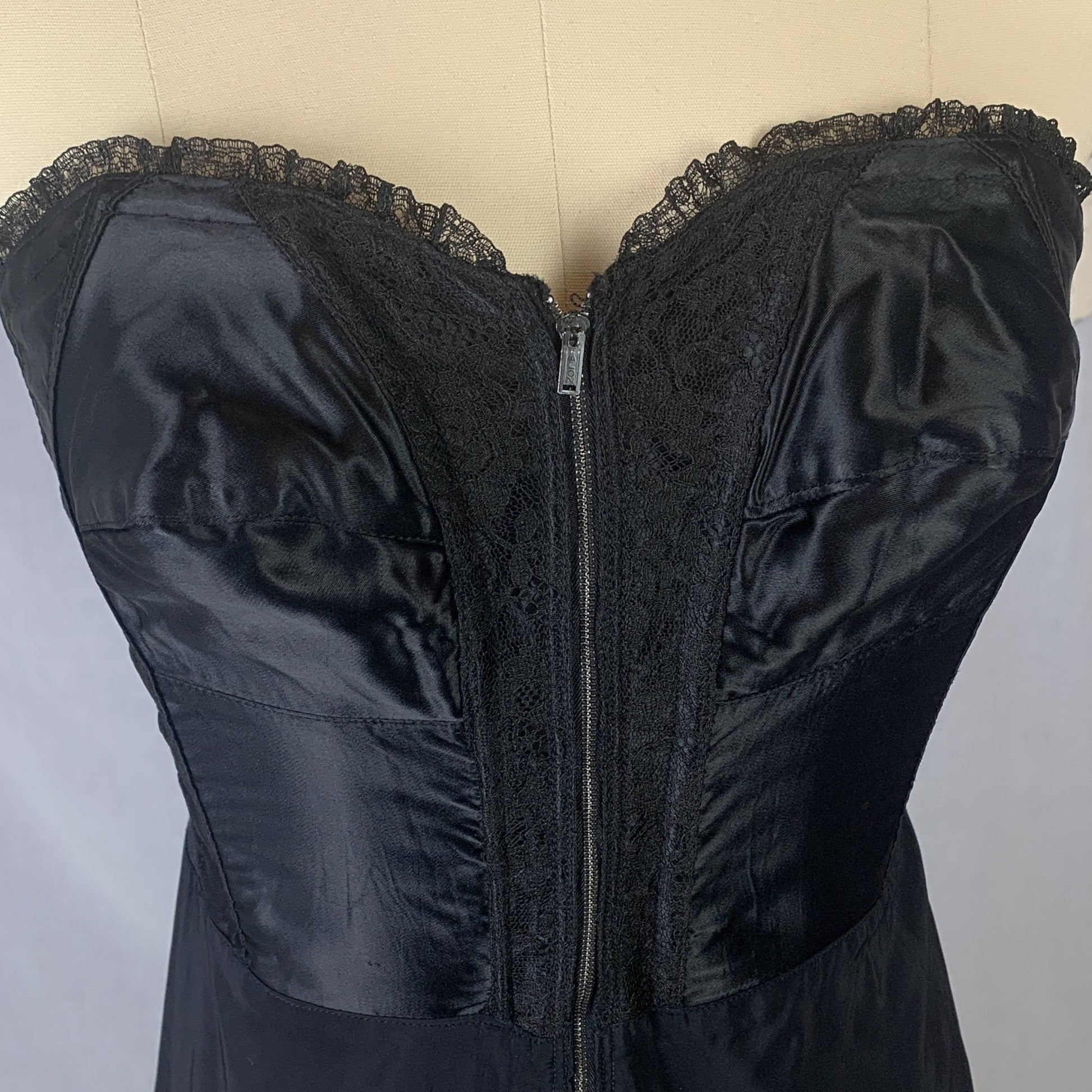 Vintage 1950's Foundation Slip | Black Satin Cathedral Bra with Lace & Rayon Blend Skirt | Size 34 B, C | Gilead - Daggers & Dames