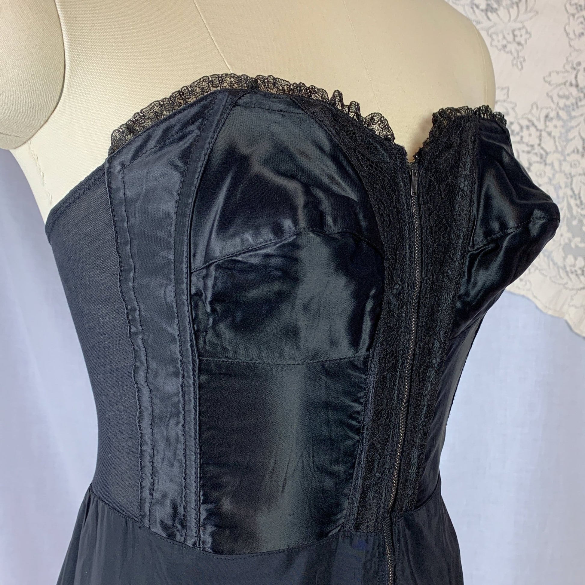 Vintage 1950's Foundation Slip | Black Satin Cathedral Bra with Lace & Rayon Blend Skirt | Size 34 B, C | Gilead - Daggers & Dames