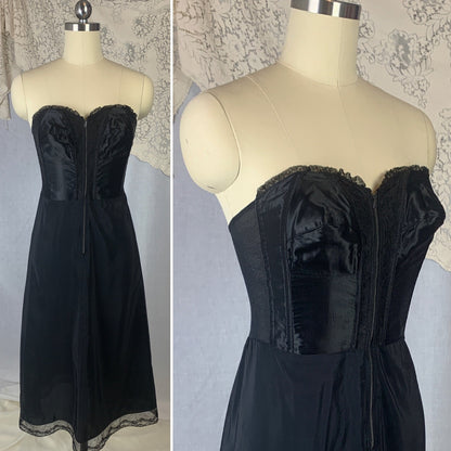 Vintage 1950's Foundation Slip | Black Satin Cathedral Bra with Lace & Rayon Blend Skirt | Size 34 B, C | Gilead - Daggers & Dames