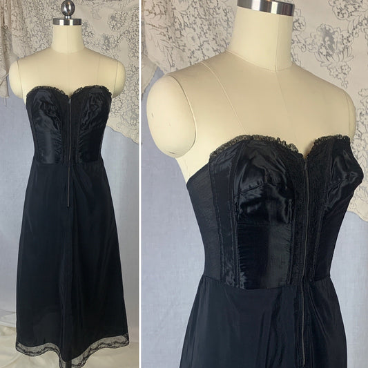 Vintage 1950's Foundation Slip | Black Satin Cathedral Bra with Lace & Rayon Blend Skirt | Size 34 B, C | Gilead - Daggers & Dames