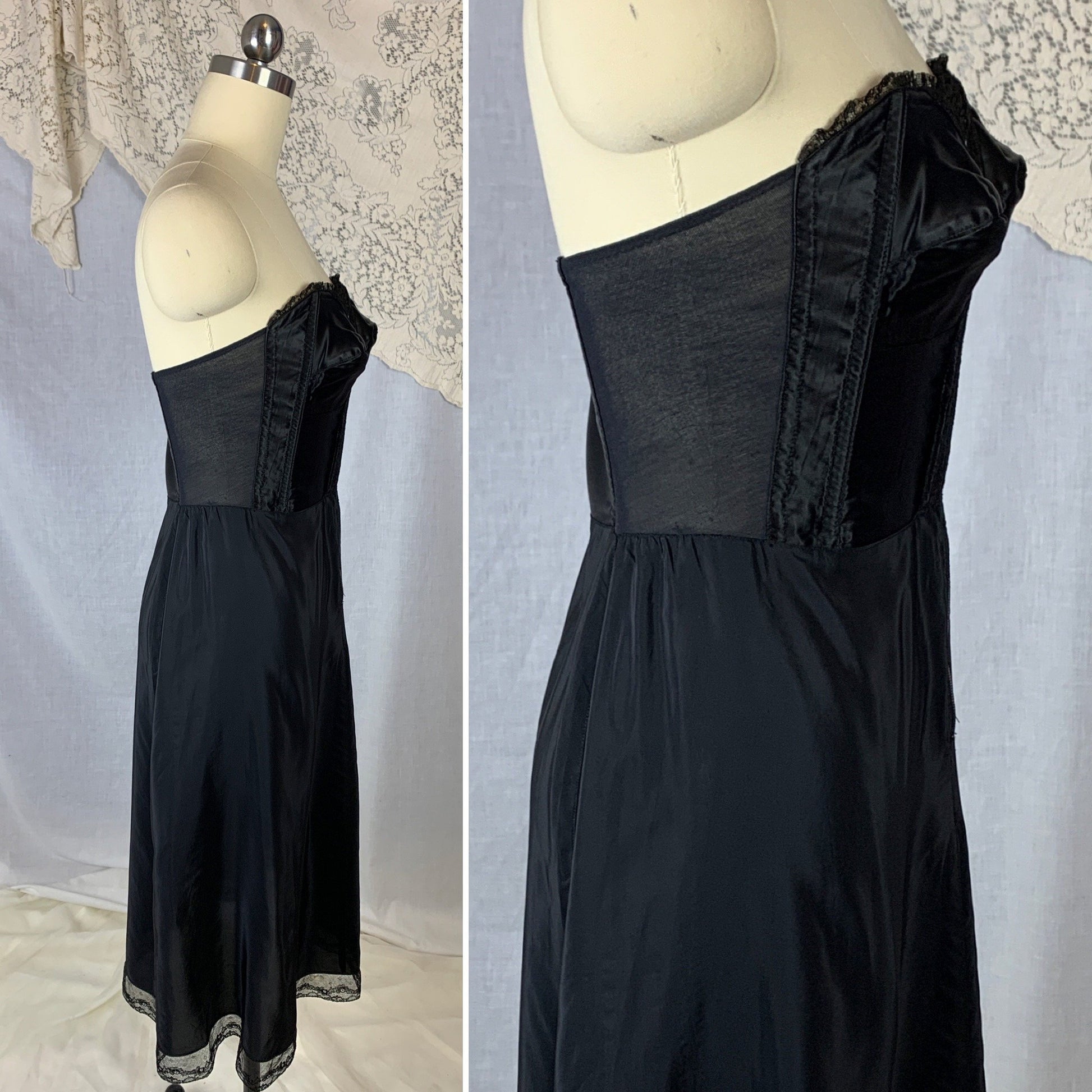 Vintage 1950's Foundation Slip | Black Satin Cathedral Bra with Lace & Rayon Blend Skirt | Size 34 B, C | Gilead - Daggers & Dames