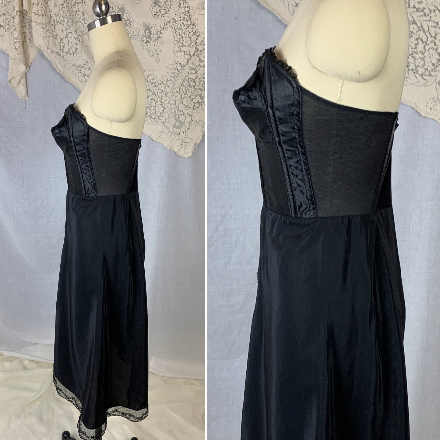 Vintage 1950's Foundation Slip | Black Satin Cathedral Bra with Lace & Rayon Blend Skirt | Size 34 B, C | Gilead - Daggers & Dames