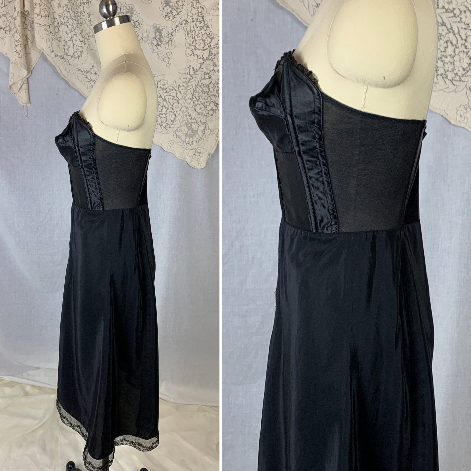 Vintage 1950's Foundation Slip | Black Satin Cathedral Bra with Lace & Rayon Blend Skirt | Size 34 B, C | Gilead - Daggers & Dames