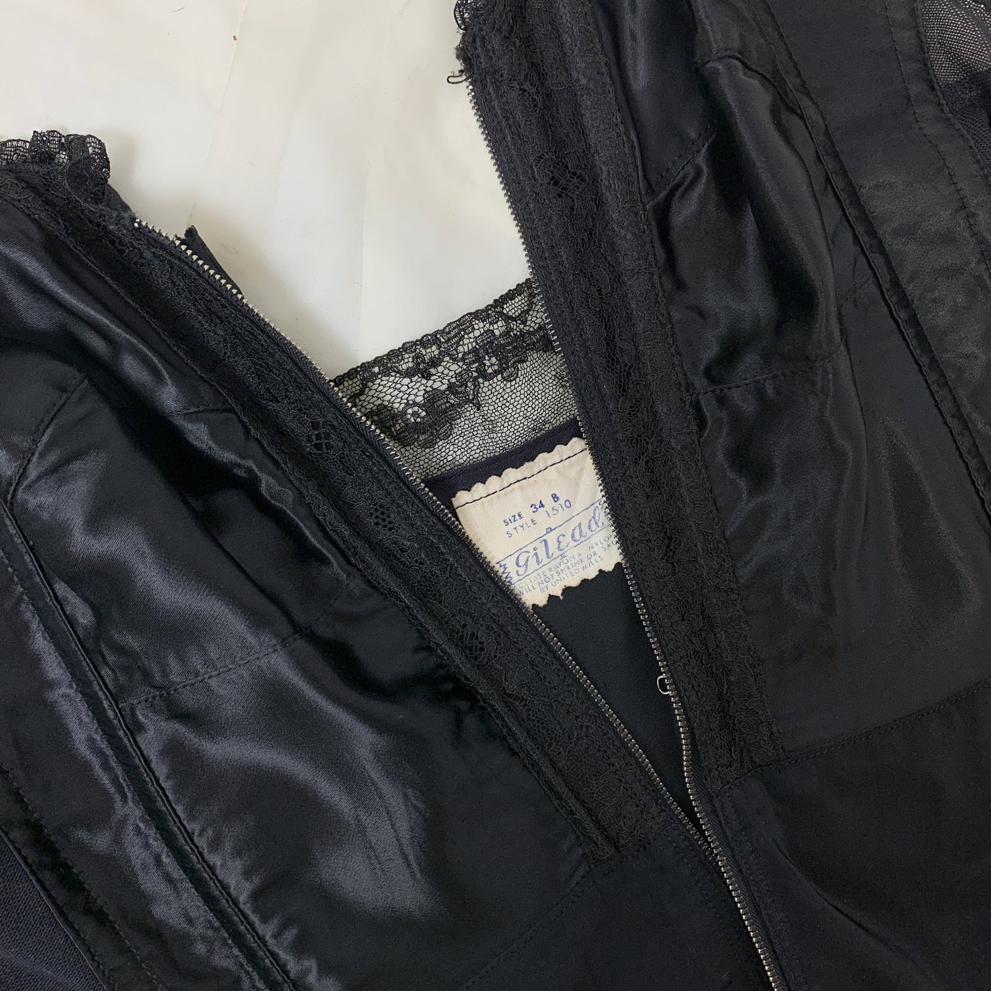 Vintage 1950's Foundation Slip | Black Satin Cathedral Bra with Lace & Rayon Blend Skirt | Size 34 B, C | Gilead - Daggers & Dames