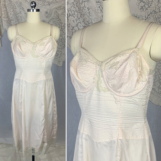 Vintage 1950's Foundation Slip | Palest Pink Nylon with Monowire Bullet Bra top & Nude Lace | Size 36 C, MED, LG - Daggers & Dames