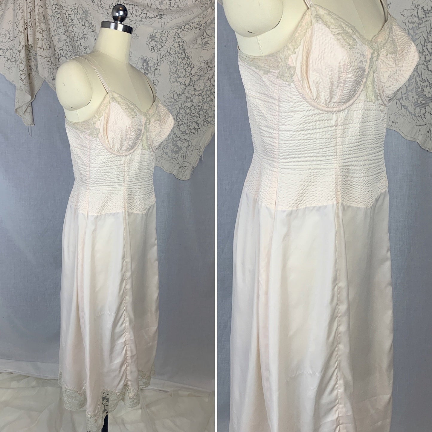 Vintage 1950's Foundation Slip | Palest Pink Nylon with Monowire Bullet Bra top & Nude Lace | Size 36 C, MED, LG - Daggers & Dames