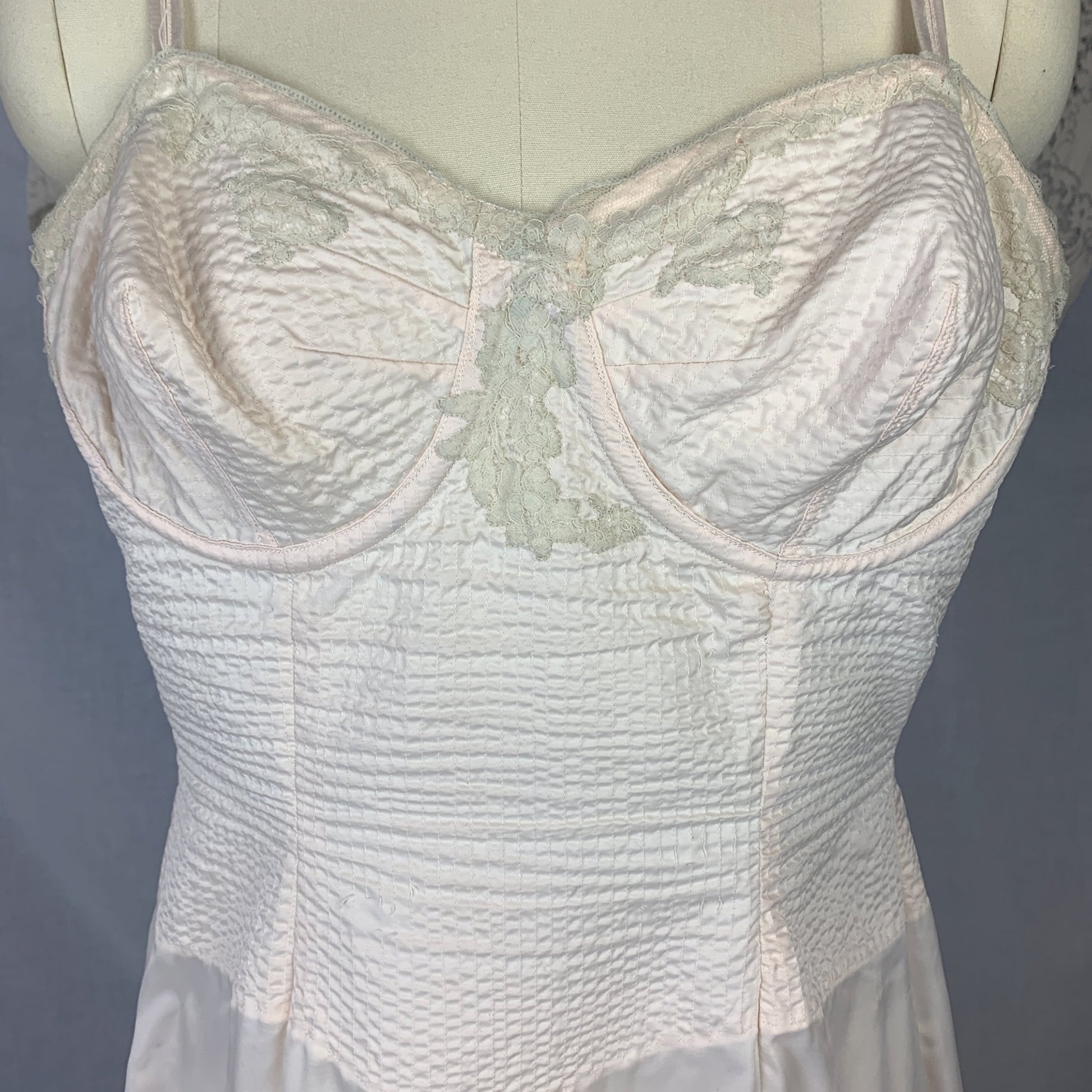 Vintage 1950's Foundation Slip | Palest Pink Nylon with Monowire Bullet Bra top & Nude Lace | Size 36 C, MED, LG - Daggers & Dames