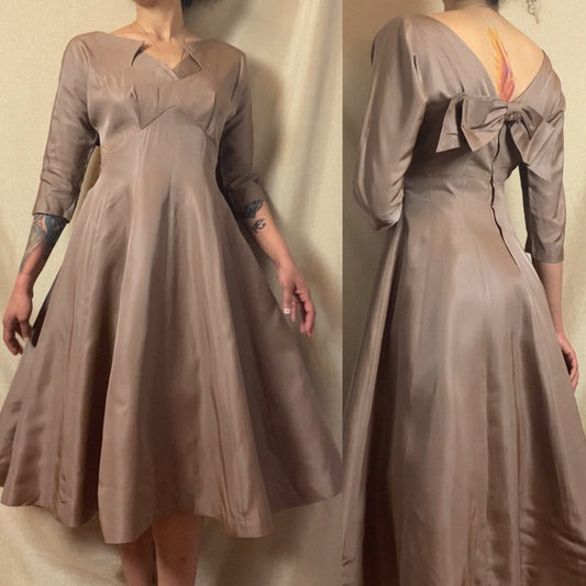 Vintage 1950's Full Swing Party Dress | Warm Taupe Taffeta with Large Bow & Portrait Neckline | Size 38 Bust, M/LG | Leslie Fay - Daggers & Dames