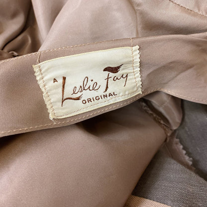 Vintage 1950's Full Swing Party Dress | Warm Taupe Taffeta with Large Bow & Portrait Neckline | Size 38 Bust, M/LG | Leslie Fay - Daggers & Dames