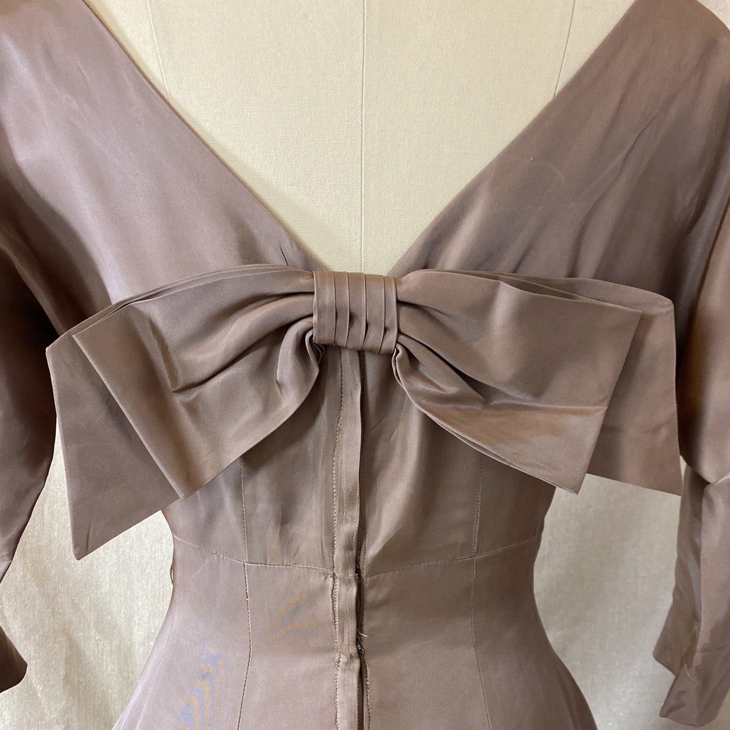 Vintage 1950's Full Swing Party Dress | Warm Taupe Taffeta with Large Bow & Portrait Neckline | Size 38 Bust, M/LG | Leslie Fay - Daggers & Dames