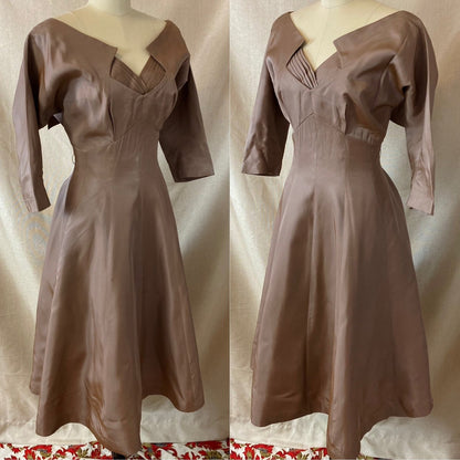 Vintage 1950's Full Swing Party Dress | Warm Taupe Taffeta with Large Bow & Portrait Neckline | Size 38 Bust, M/LG | Leslie Fay - Daggers & Dames