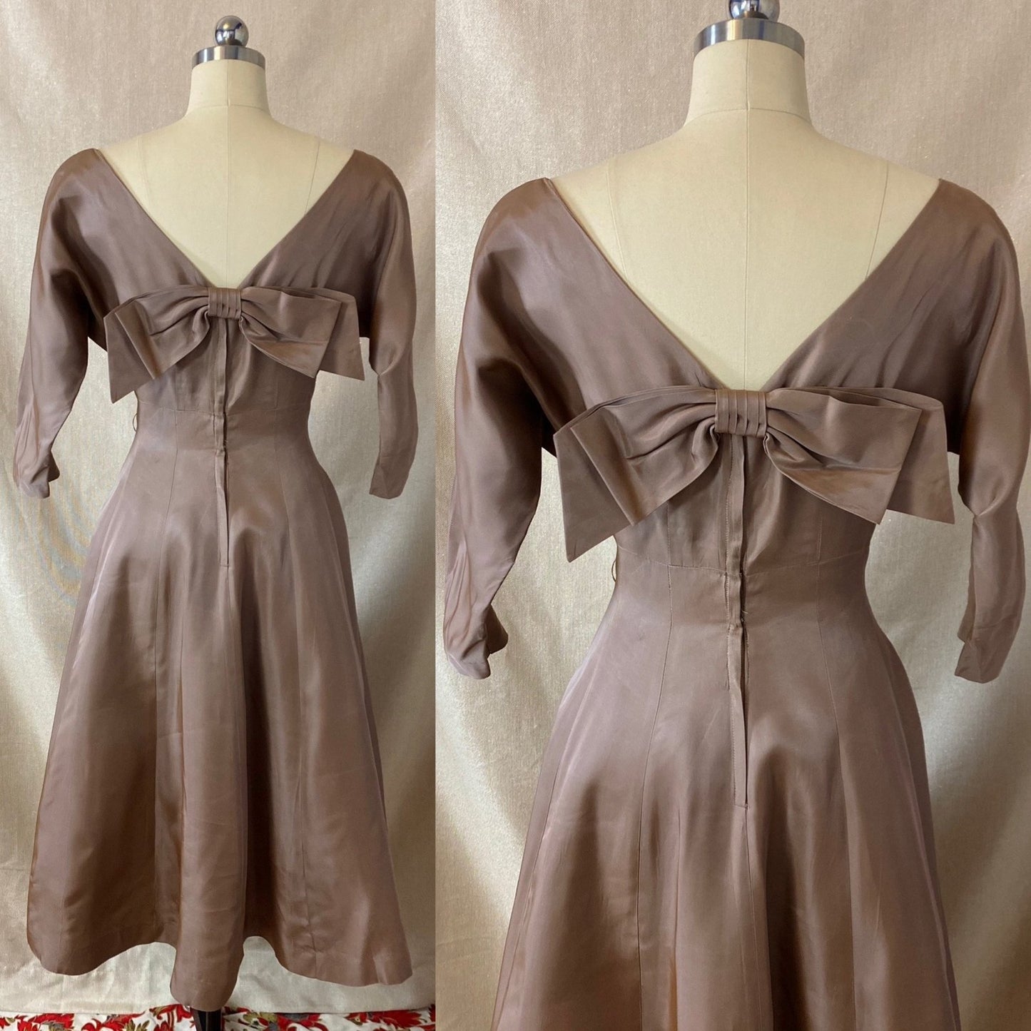 Vintage 1950's Full Swing Party Dress | Warm Taupe Taffeta with Large Bow & Portrait Neckline | Size 38 Bust, M/LG | Leslie Fay - Daggers & Dames