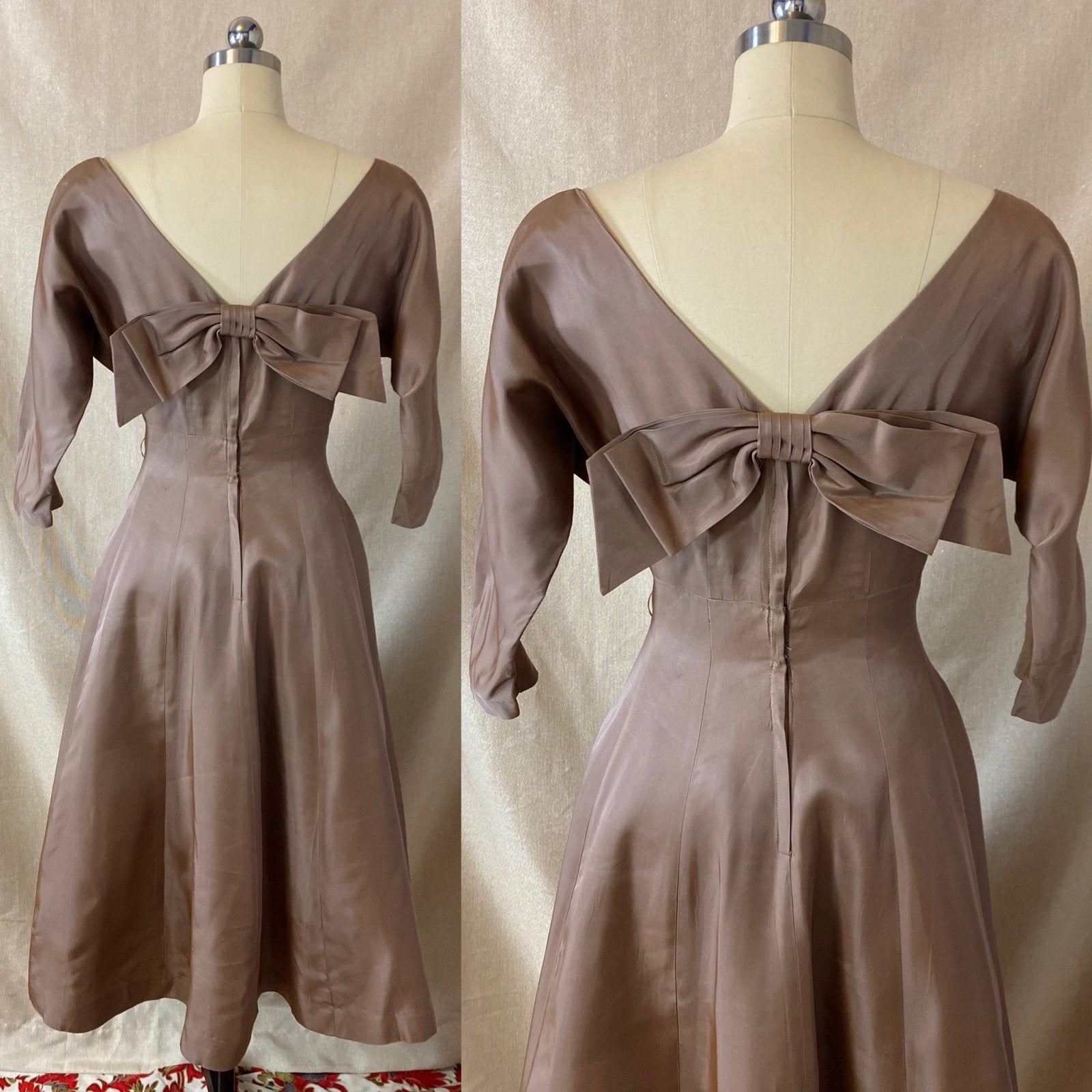 Vintage 1950's Full Swing Party Dress | Warm Taupe Taffeta with Large Bow & Portrait Neckline | Size 38 Bust, M/LG | Leslie Fay - Daggers & Dames