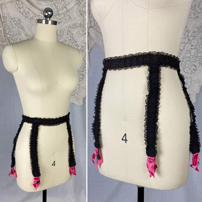Vintage 1950's Garter Belt | Black Nylon Chiffon with Lace & Hot Pink Satin | Size XS, S, M | GiGi - Daggers & Dames