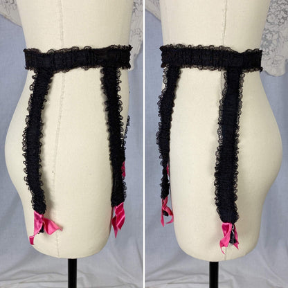 Vintage 1950's Garter Belt | Black Nylon Chiffon with Lace & Hot Pink Satin | Size XS, S, M | GiGi - Daggers & Dames