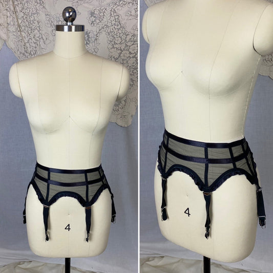 Vintage 1950's Garter Belt | Sheer Black Mesh with Satin Ribbon Stripes & Ruffles | Size XS | Simone - Daggers & Dames