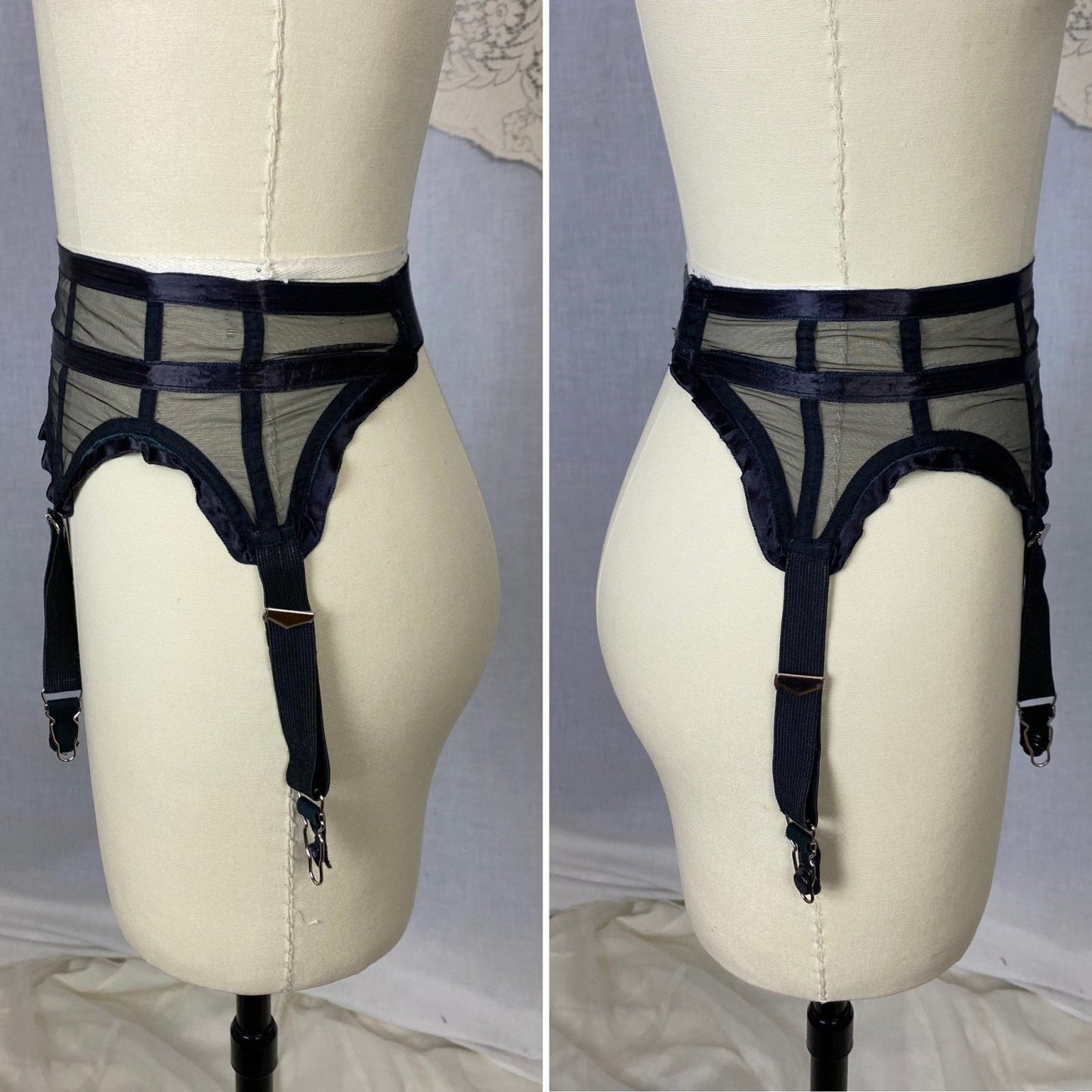 Vintage 1950's Garter Belt | Sheer Black Mesh with Satin Ribbon Stripes & Ruffles | Size XS | Simone - Daggers & Dames