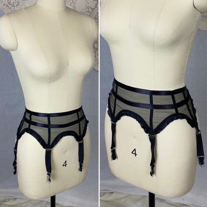 Vintage 1950's Garter Belt | Sheer Black Mesh with Satin Ribbon Stripes & Ruffles | Size XS | Simone - Daggers & Dames