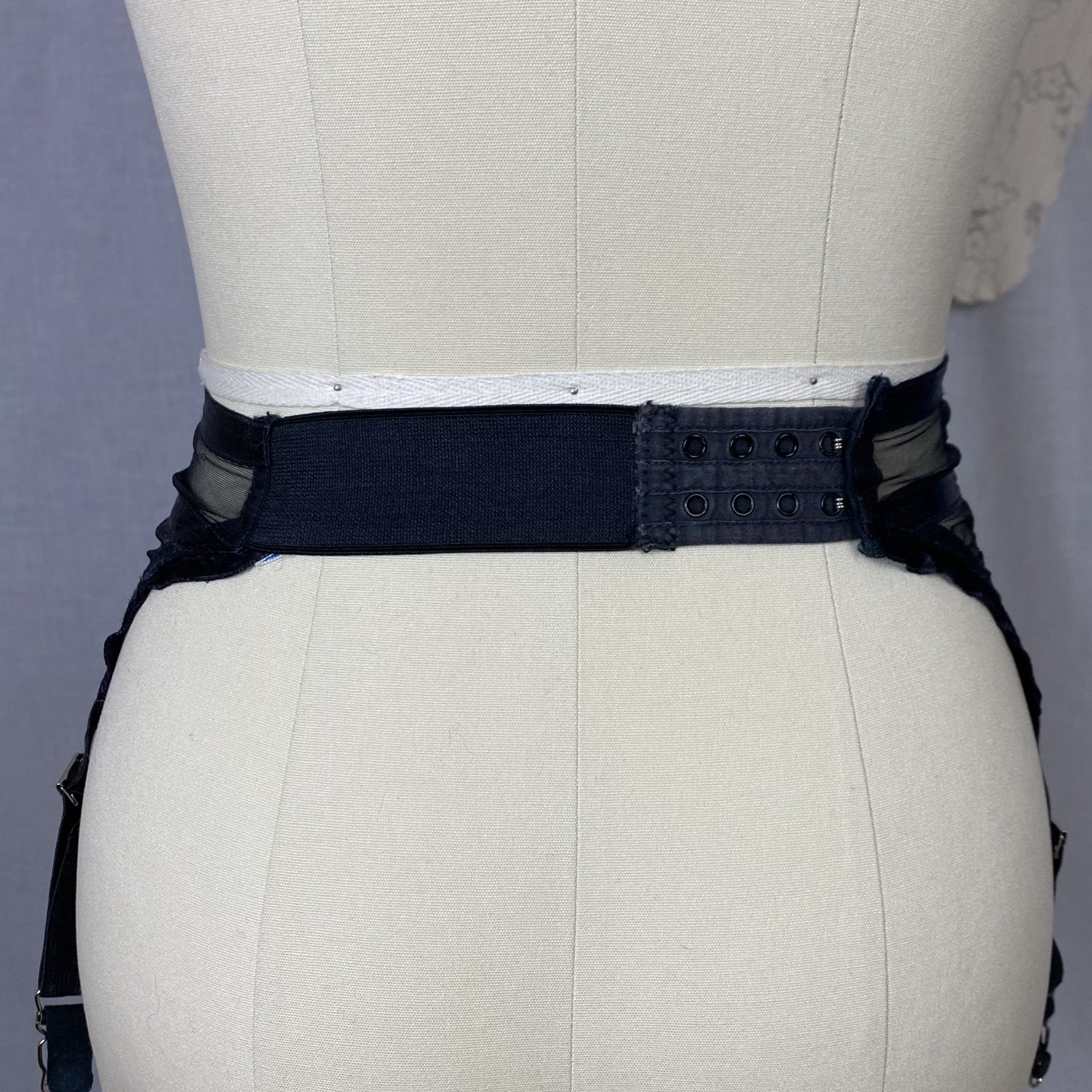 Vintage 1950's Garter Belt | Sheer Black Mesh with Satin Ribbon Stripes & Ruffles | Size XS | Simone - Daggers & Dames