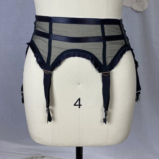 Vintage 1950's Garter Belt | Sheer Black Mesh with Satin Ribbon Stripes & Ruffles | Size XS | Simone - Daggers & Dames