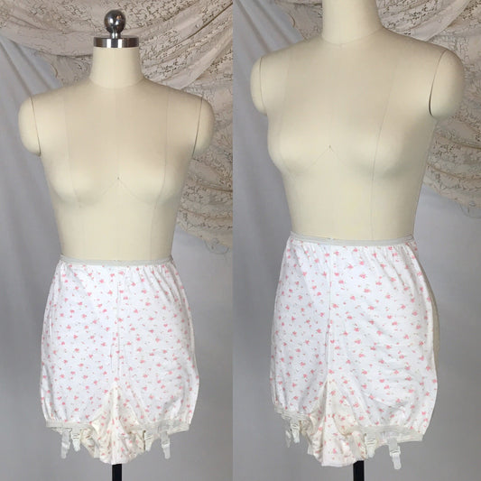 Vintage 1950's Garter Panties | High Waist Soft White Cotton with Pink Floral Print & Detachable Garters | Knit'ns | Size SM - Daggers & Dames