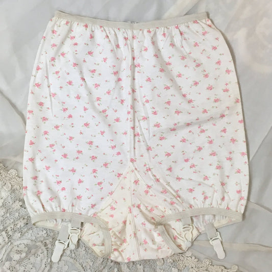 Vintage 1950's Garter Panties | High Waist Soft White Cotton with Pink Floral Print & Detachable Garters | Knit'ns | Size SM - Daggers & Dames