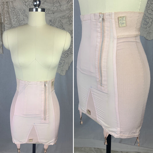 Vintage 1950's Girdle | Antique Rose Pink Rayon Satin with Nylon & Sage Green Stitching | Size S | Never worn - With Tags - Daggers & Dames