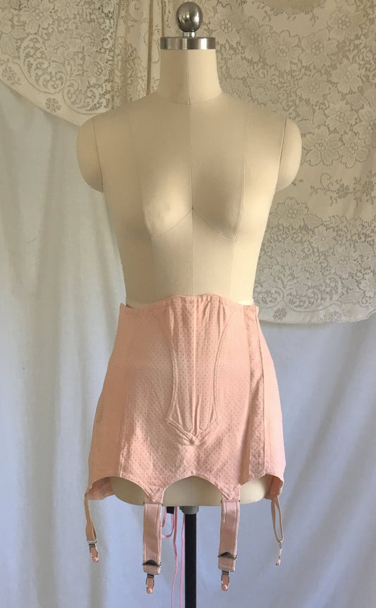 Vintage 1950's Girdle | Cotton Candy Pink Cotton with Satin Brocade | ROB Corsets, Made in France | Size M, LG - Daggers & Dames