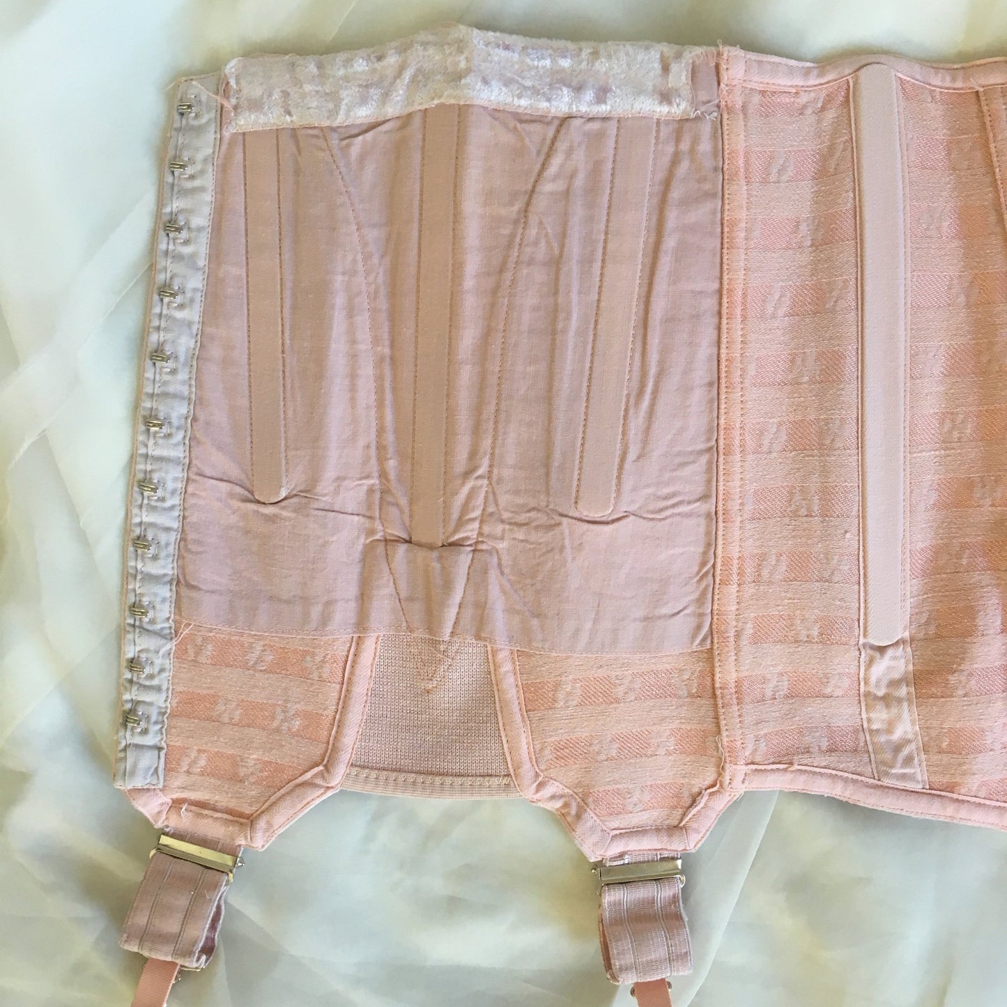 Vintage 1950's Girdle | Light Pink Cotton with Clover Satin Brocade | Brigette, Made in France | Size M, LG - Daggers & Dames