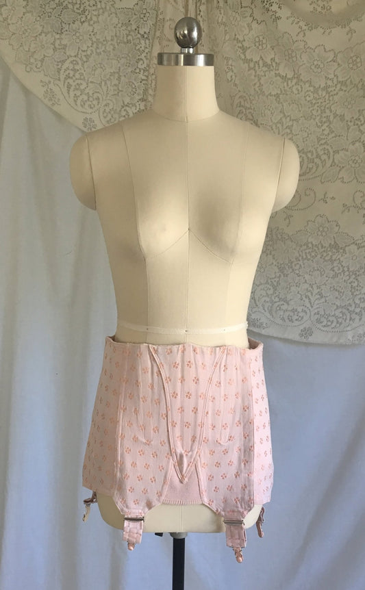 Vintage 1950's Girdle | Light Pink Cotton with Clover Satin Brocade | Brigette, Made in France | Size M, LG - Daggers & Dames