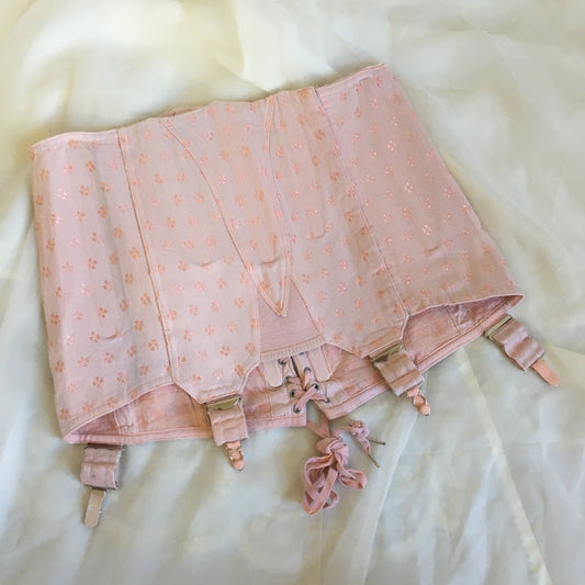 Vintage 1950's Girdle | Light Pink Cotton with Clover Satin Brocade | Brigette, Made in France | Size M, LG - Daggers & Dames