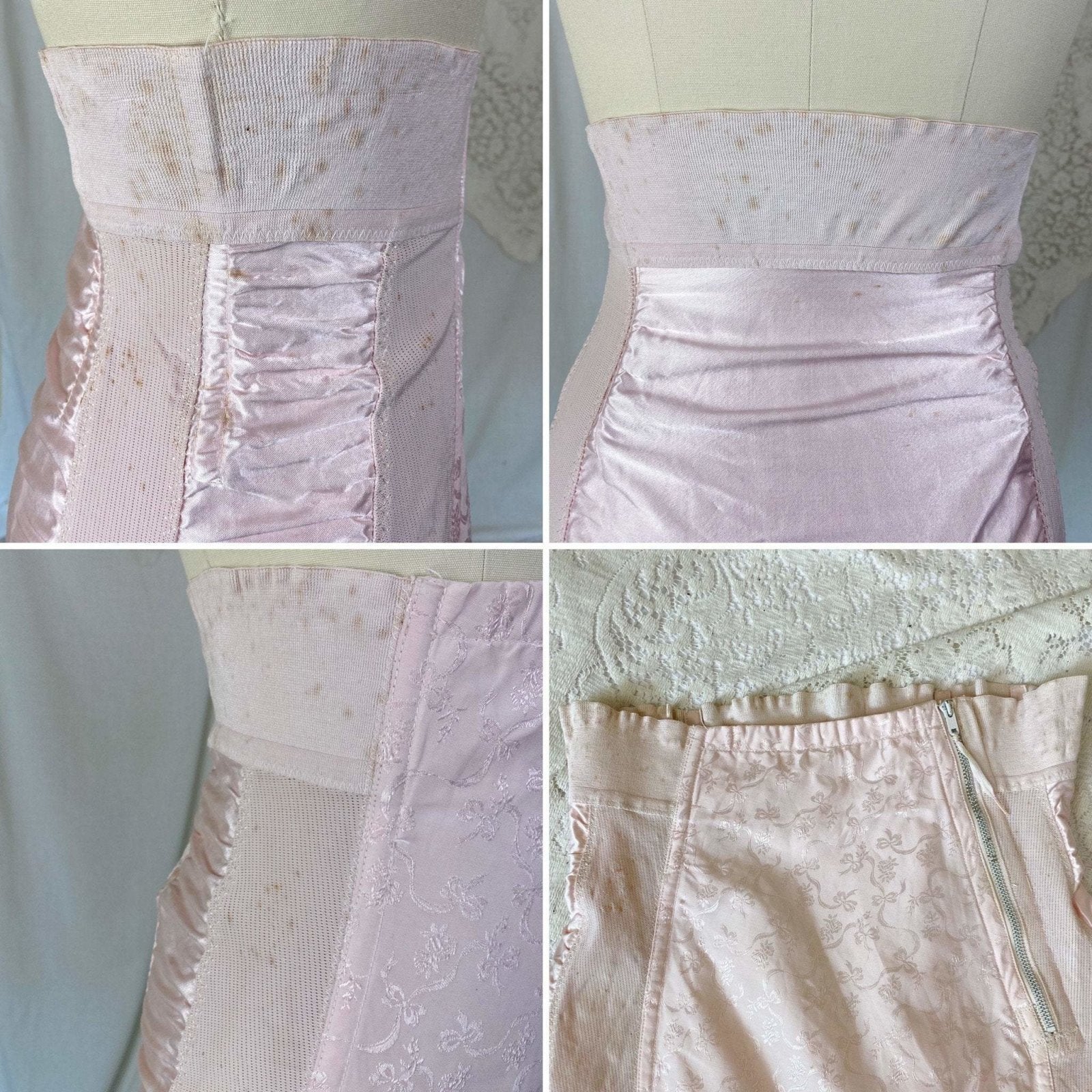 Vintage 1950's Girdle | Pale Rose Pink Cotton with Floral Satin Damask & Satin | Size LG, XL | Sarong Brand - Daggers & Dames