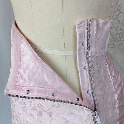 Vintage 1950's Girdle | Pale Rose Pink Cotton with Floral Satin Damask & Satin | Size LG, XL | Sarong Brand - Daggers & Dames