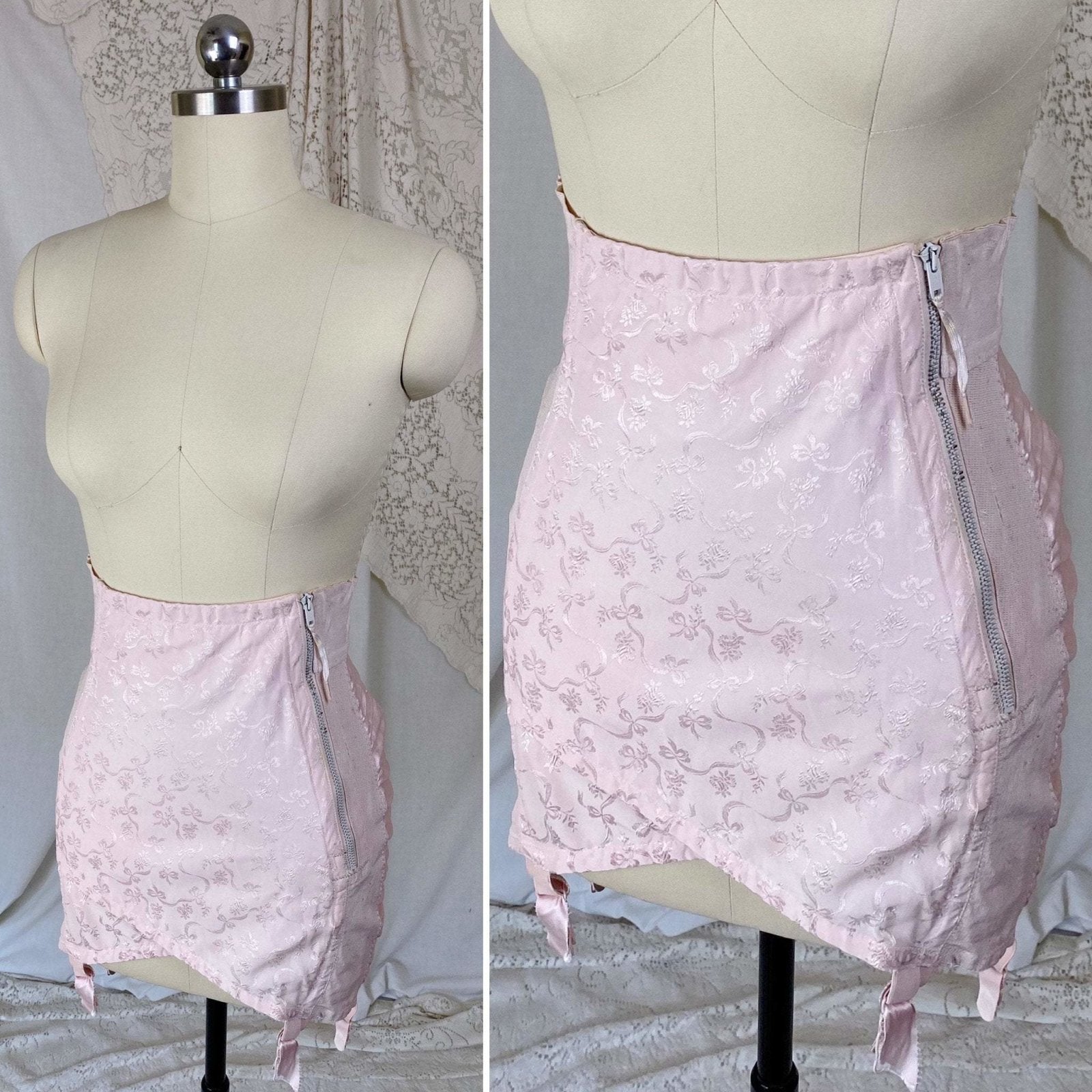 Vintage 1950's Girdle | Pale Rose Pink Cotton with Floral Satin Damask & Satin | Size LG, XL | Sarong Brand - Daggers & Dames
