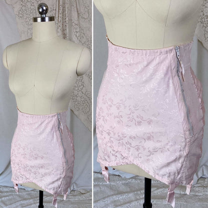 Vintage 1950's Girdle | Pale Rose Pink Cotton with Floral Satin Damask & Satin | Size LG, XL | Sarong Brand - Daggers & Dames