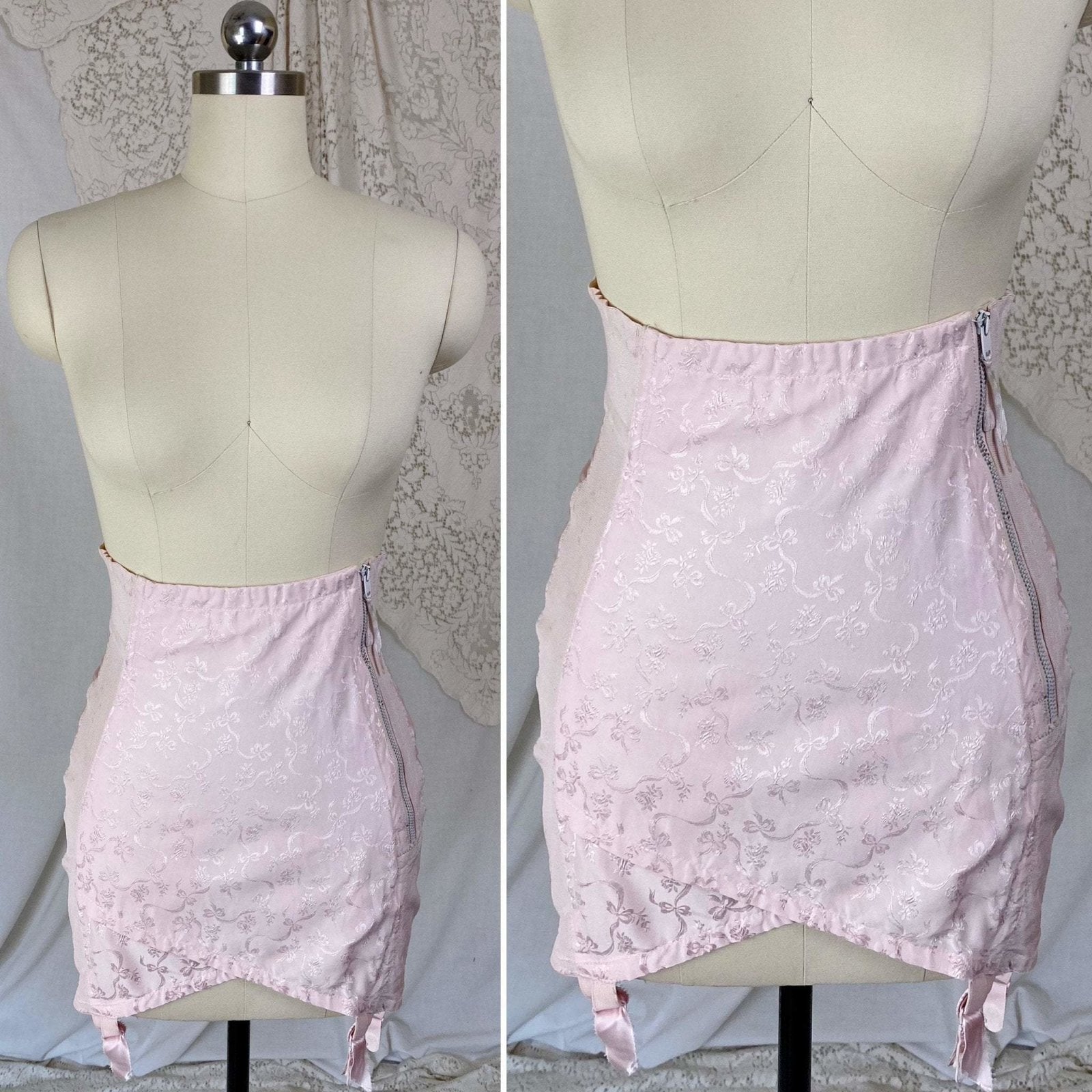 Vintage 1950's Girdle | Pale Rose Pink Cotton with Floral Satin Damask & Satin | Size LG, XL | Sarong Brand - Daggers & Dames