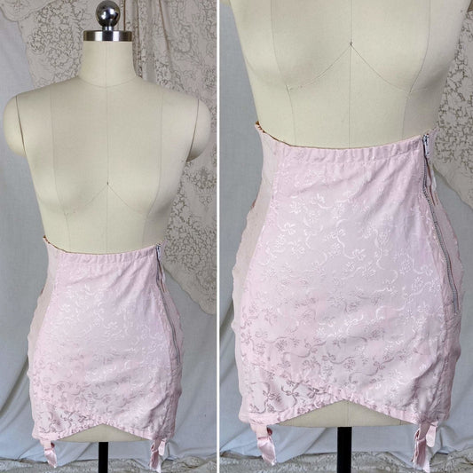 Vintage 1950's Girdle | Pale Rose Pink Cotton with Floral Satin Damask & Satin | Size LG, XL | Sarong Brand - Daggers & Dames