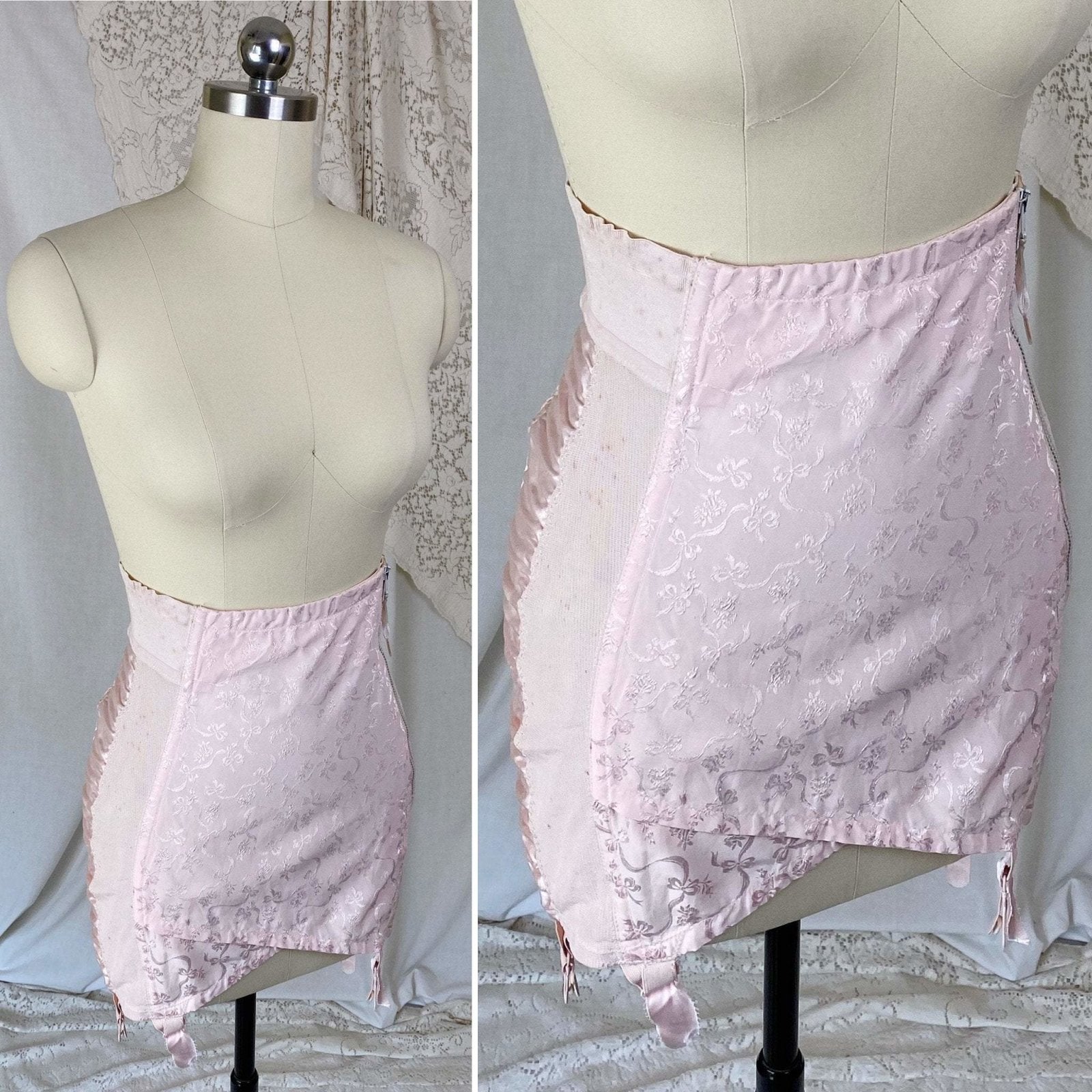 Vintage 1950's Girdle | Pale Rose Pink Cotton with Floral Satin Damask & Satin | Size LG, XL | Sarong Brand - Daggers & Dames