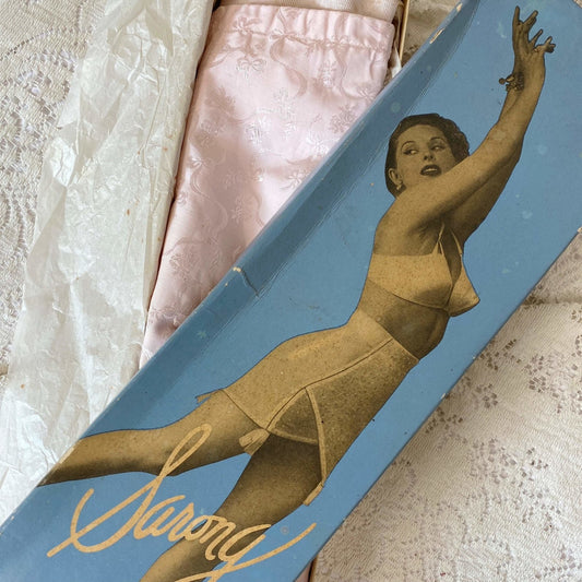 Vintage 1950's Girdle | Pale Rose Pink Cotton with Floral Satin Damask & Satin | Size LG, XL | Sarong Brand - Daggers & Dames