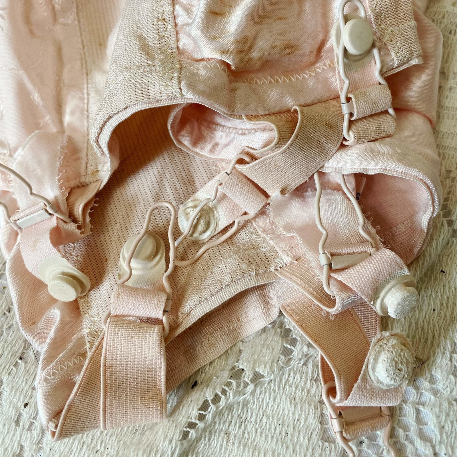 Vintage 1950's Girdle | Pale Rose Pink Cotton with Floral Satin Damask & Satin | Size LG, XL | Sarong Brand - Daggers & Dames