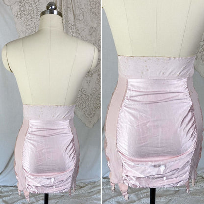 Vintage 1950's Girdle | Pale Rose Pink Cotton with Floral Satin Damask & Satin | Size LG, XL | Sarong Brand - Daggers & Dames