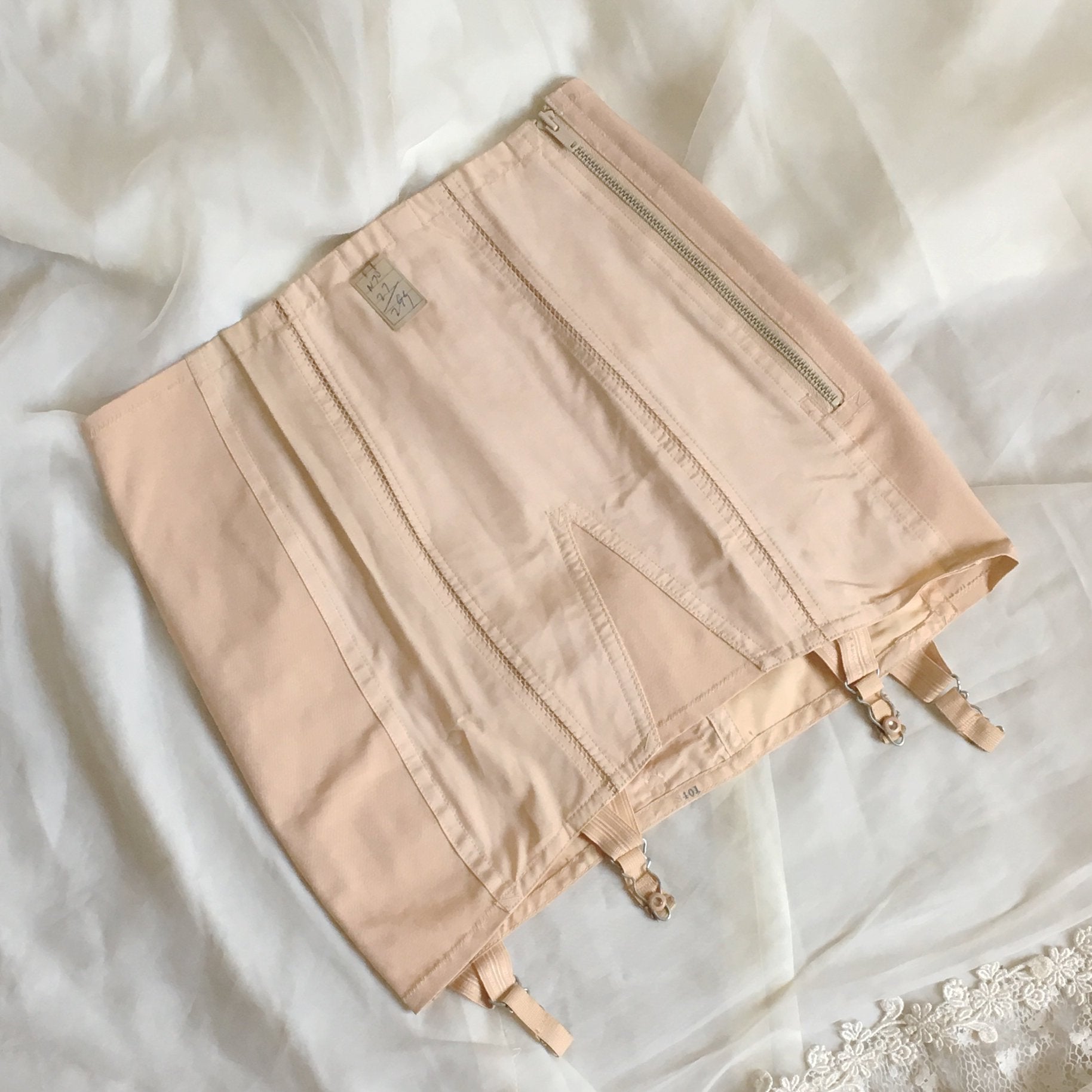 Vintage 1950's Girdle | Rose Gold Rayon with Elastic Panels & Boning | Chic Mode Foundations | Size SM, MED - Daggers & Dames