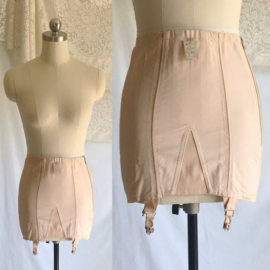 Vintage 1950's Girdle | Rose Gold Rayon with Elastic Panels & Boning | Chic Mode Foundations | Size SM, MED - Daggers & Dames