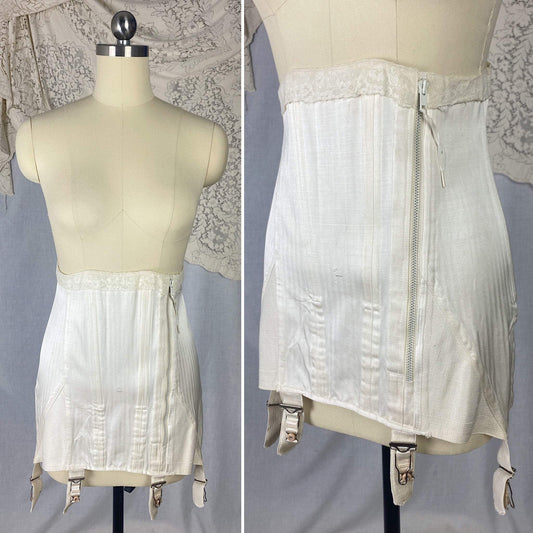 Vintage 1950's Girdle | White Chevron Satin with Lace | Size S | Spencer Corset Company - Daggers & Dames
