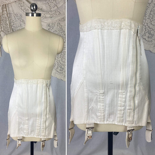 Vintage 1950's Girdle | White Chevron Satin with Lace | Size S | Spencer Corset Company - Daggers & Dames