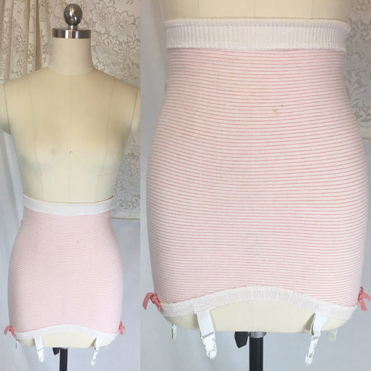 Vintage 1950's Girdle | White Cotton Knit with Coral Pink Stripes & Bows | Foundette by Munsingwear | Size S, MED - Daggers & Dames
