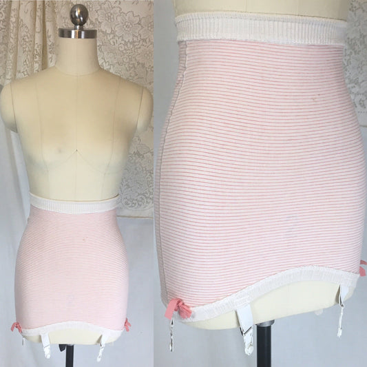 Vintage 1950's Girdle | White Cotton Knit with Coral Pink Stripes & Bows | Foundette by Munsingwear | Size S, MED - Daggers & Dames