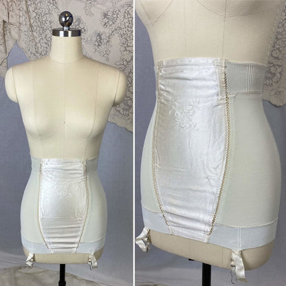 Vintage 1950's Girdle | White Satin with Clover Embroidery & Elastic Mesh | Size XS, S | Jantzen - Daggers & Dames