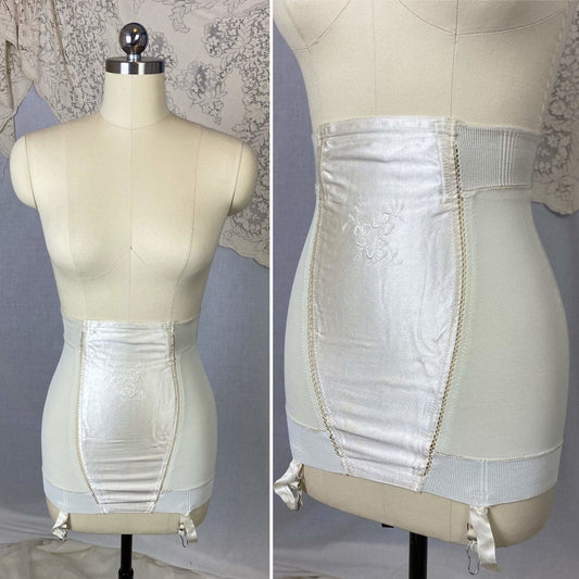 Vintage 1950's Girdle | White Satin with Clover Embroidery & Elastic Mesh | Size XS, S | Jantzen - Daggers & Dames