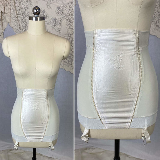 Vintage 1950's Girdle | White Satin with Clover Embroidery & Elastic Mesh | Size XS, S | Jantzen - Daggers & Dames